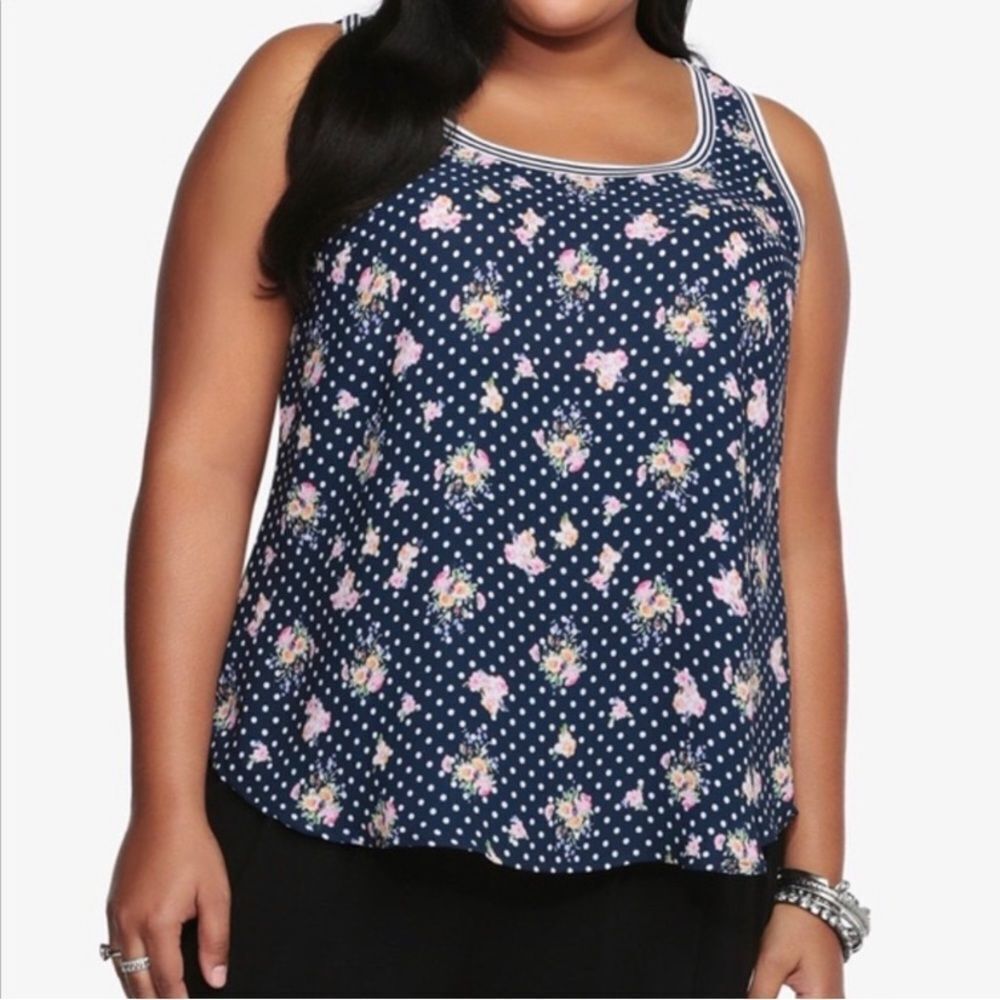 Torrid navy polka dot and Floral Georgette Sleeveless tunic tank Top‎